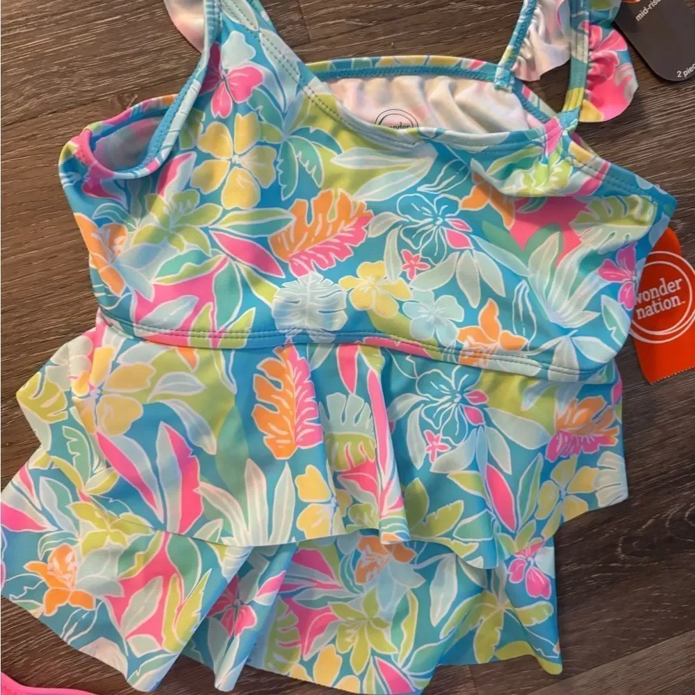 Floral Kids Swimsuit 2 pc - Pink and Blue Sz L 10/12